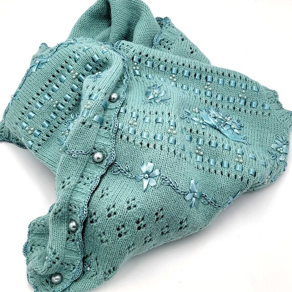 Vtg 90s Cottage core Gramma core Knitted Sleeveless Cardigan Vest - Picture 10 of 14